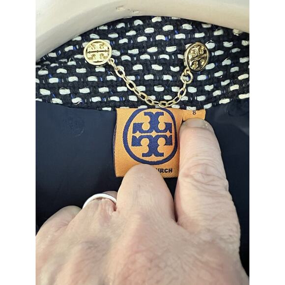 Tory Burch EUC Blue Leandra Tweed Embroidered Jacket Blazer Suiting Size 8 - Picture 10 of 11